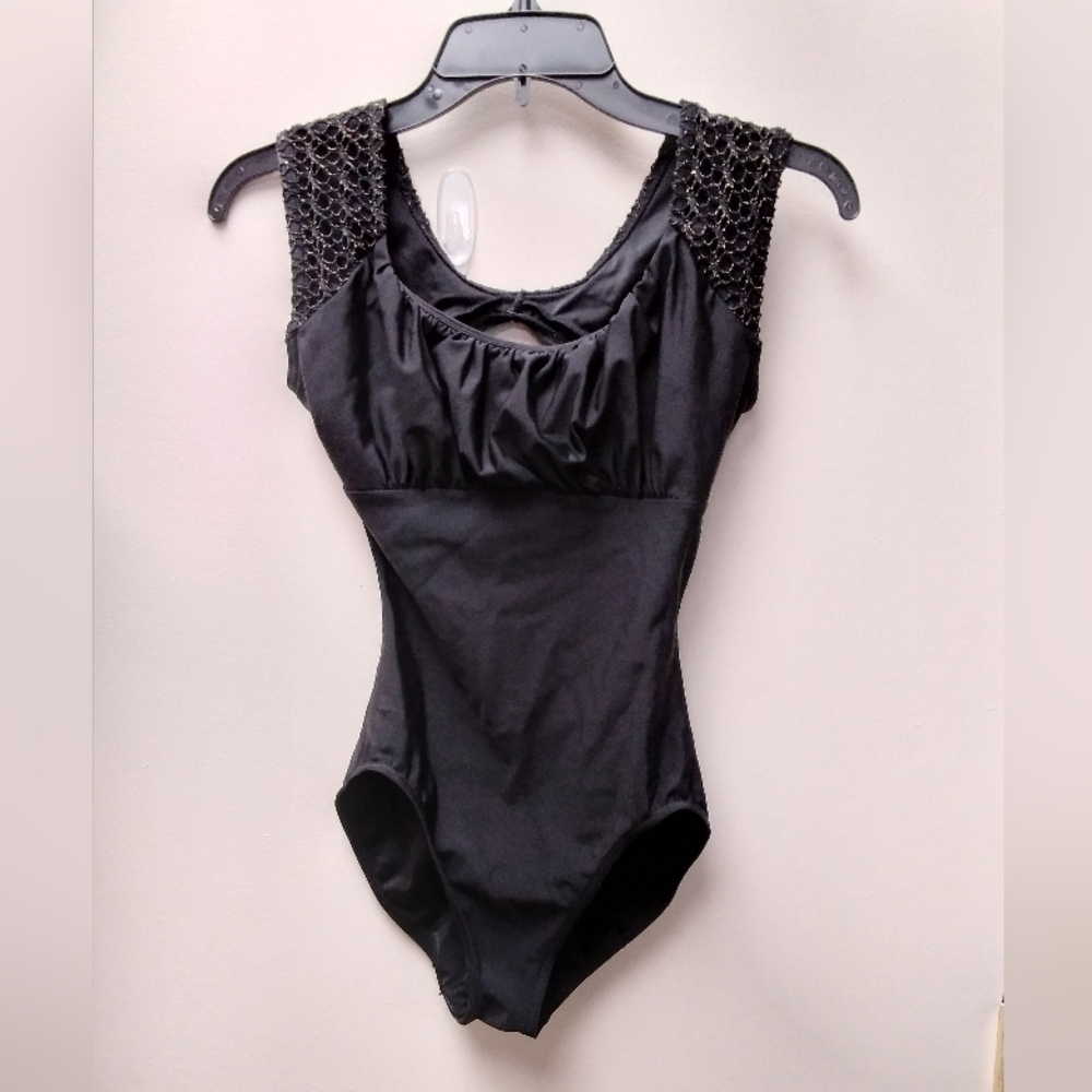 Capezio Black Leotard With Gold Tank Sleeve Medium Adult